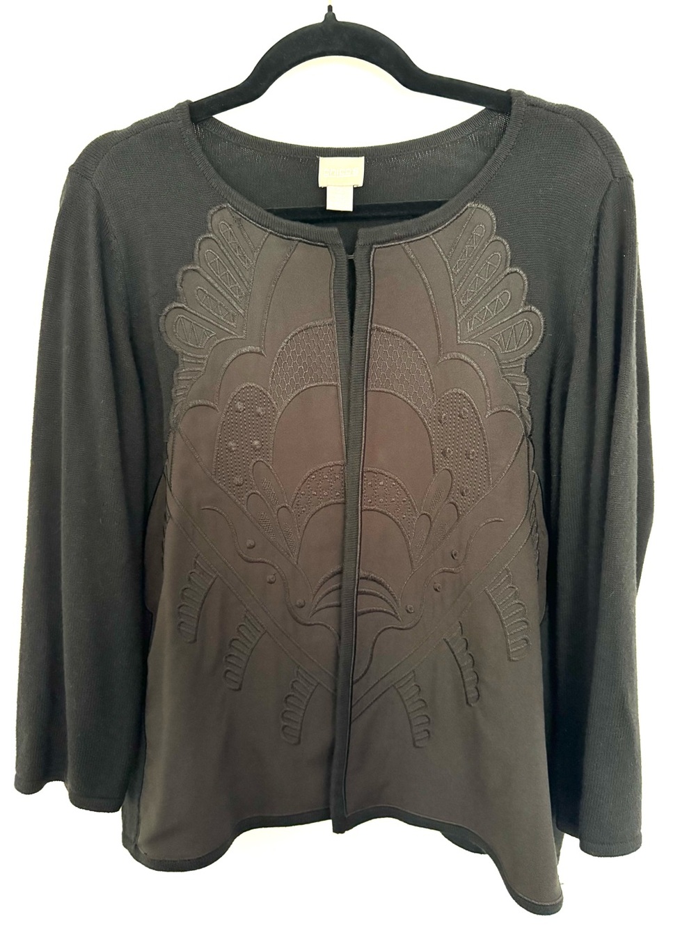 Chico’s Women's Black Embroidered Open Cardigan
